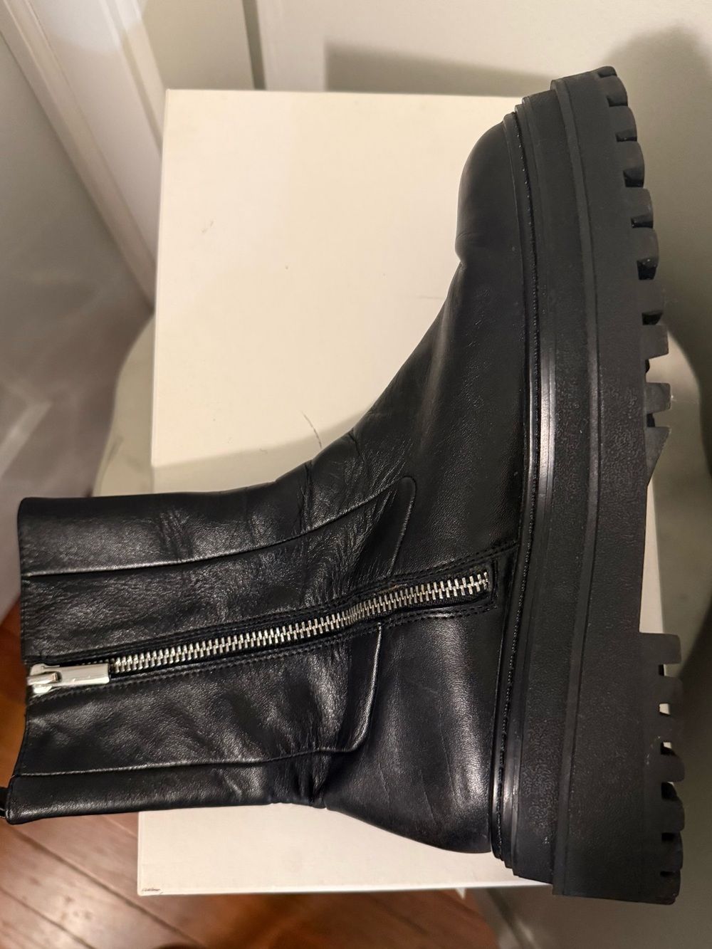 Zara Black Leather Combat Moto Boots with Side Zip